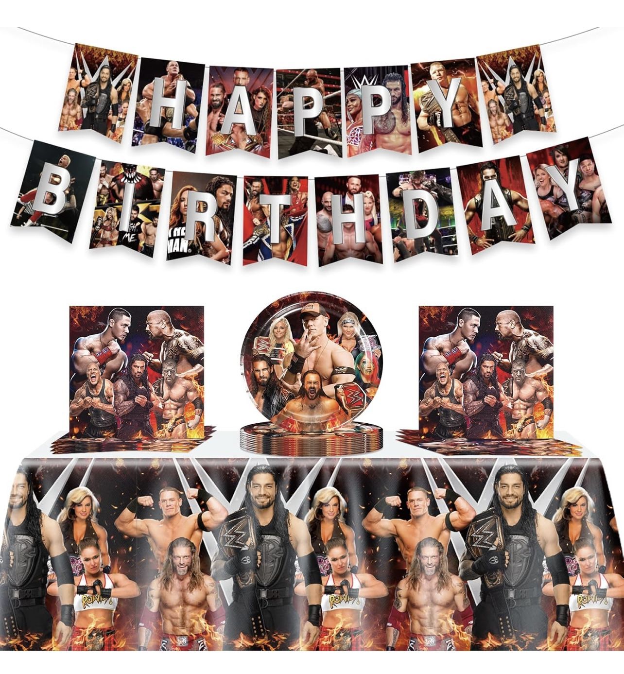 Wrestling Birthday Supplies, 42Pcs Wrestling Decorations include Banner, Tablecloth, Plates and Napkins