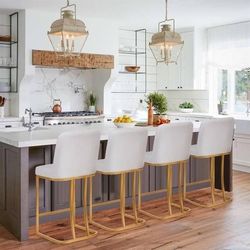 Bar Stools Set of 4, Counter Height Creamy White & Gold Bar Stools with Back, 24 Inch