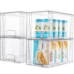 4Pack Large Stackable Kitchen Pantry Storage Drawers, Clear Organizer Bins with Handles, 