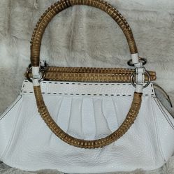 White Leather And Wicker Handle Purse