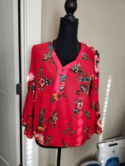 Floral V Neck Red Top