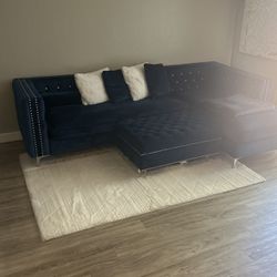 Blue Couch Tufted Studded / Ottoman / Pillows 