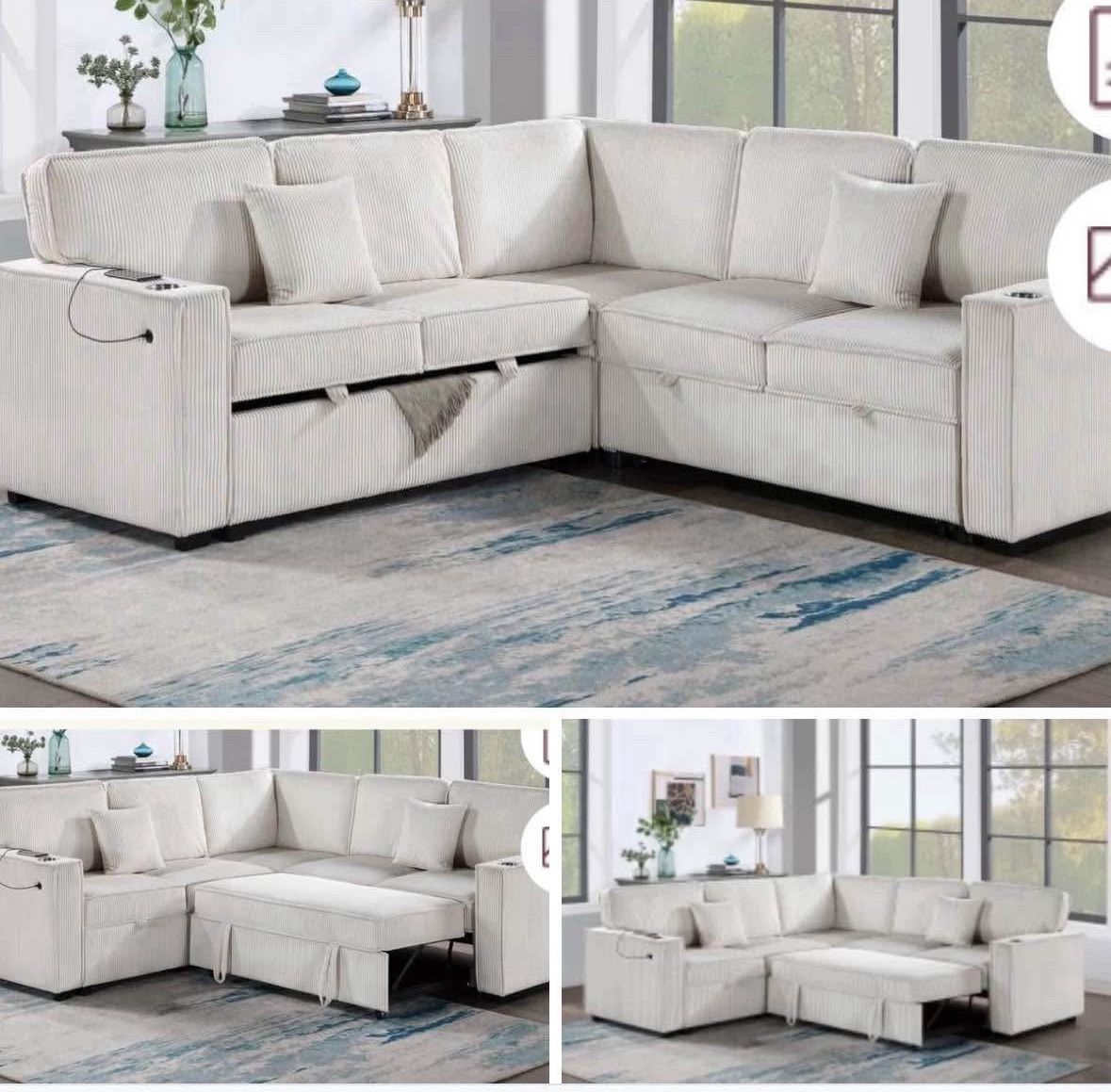 $528 Sectional Pull Out Bed With Storage USB Cup Holder Available,I Ivory,Dark Gray,Corduroy