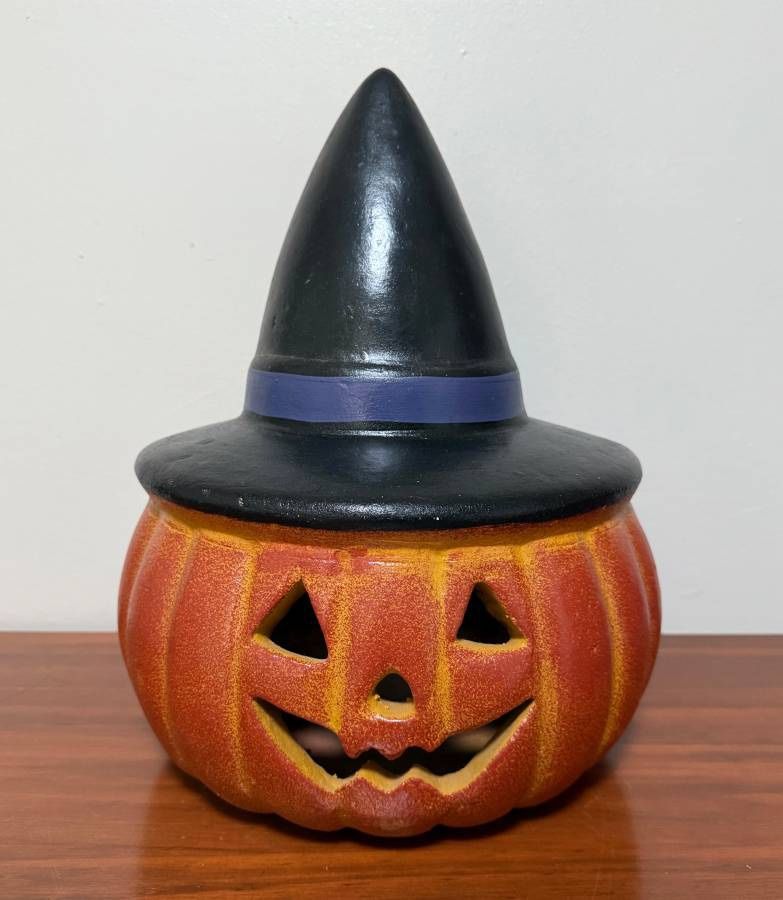 Magic Tea Light Ceramic Orange Pumpkin Jack O Lantern Halloween Porch Decor