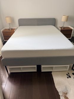 $200 Gray Upholstered Queen Bed Frame with Mattress