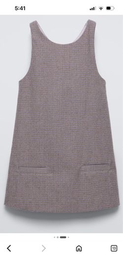 Zara dress for girls gray and beige plaid jumper features decorative pockets size 7