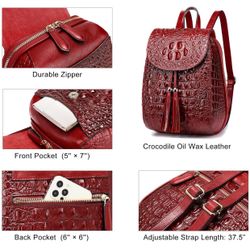 COOLCY Women Small Genuine Leather Backpack Purse Crocodile Designer Bag (Wine Red)