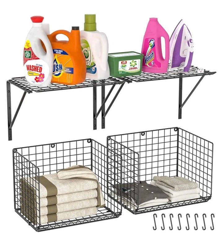 2 Pack Laundry Room Shelves, Wire Baskets with 8 Hooks, Over Washer and Dryer Shelf, Wall Mounted Storage