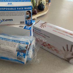 2 Blue Disposable Face Masks 50 Count Boxes And 1 Box Of 100 Gloves  (50 Bundles Available)