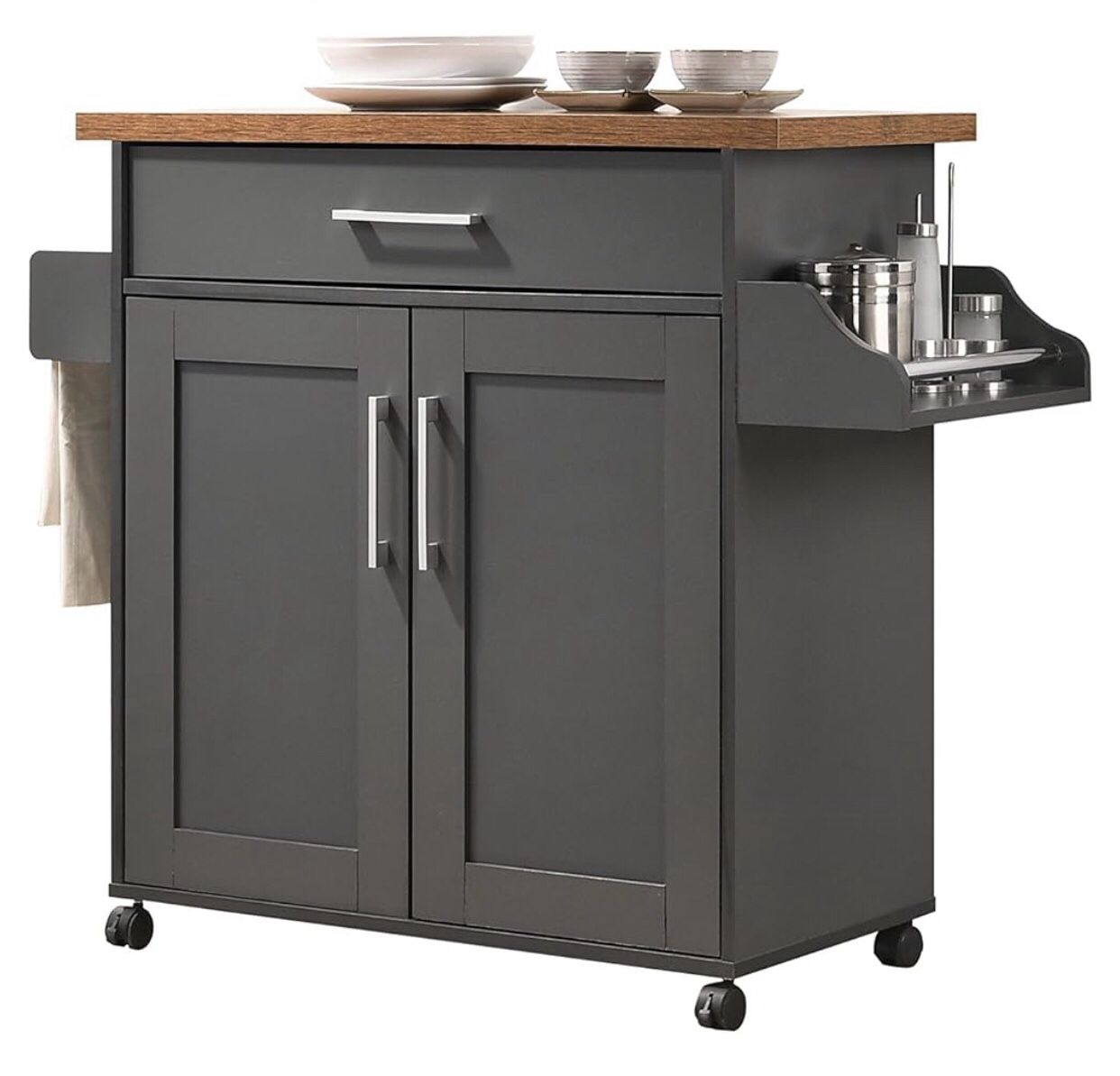 NIB Gray & oak Top Kitchen Island/Spice Rack/Towel Rack & Drawer