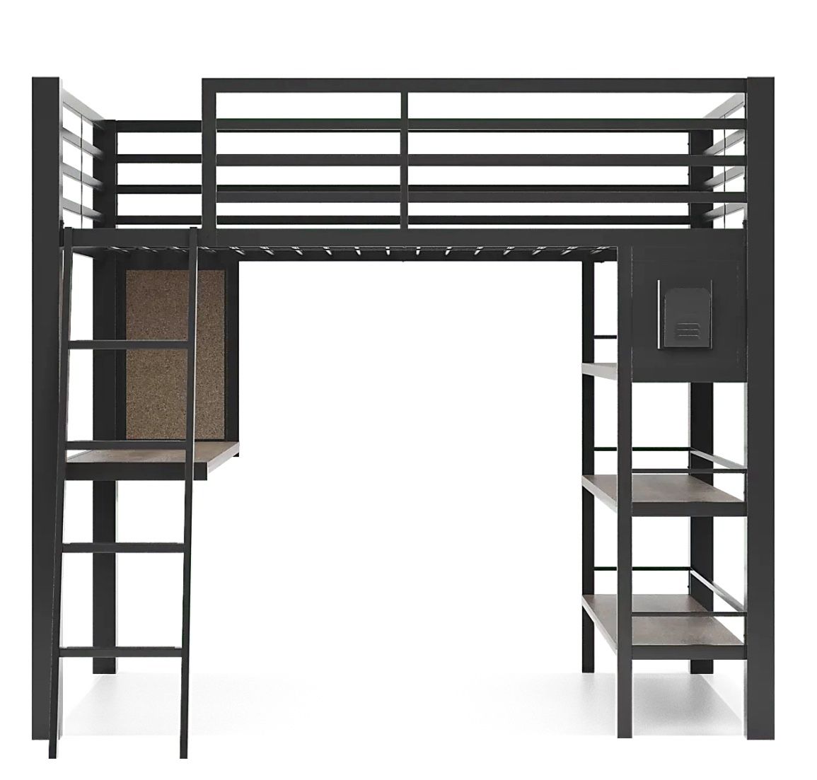 Kids Loft Bed, Metal With Attached Shelves And Desk