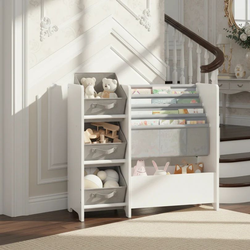 Homy Casa · Sprout 25.6″ Kids Bookshelf with Fabric Drawers · White/Grey