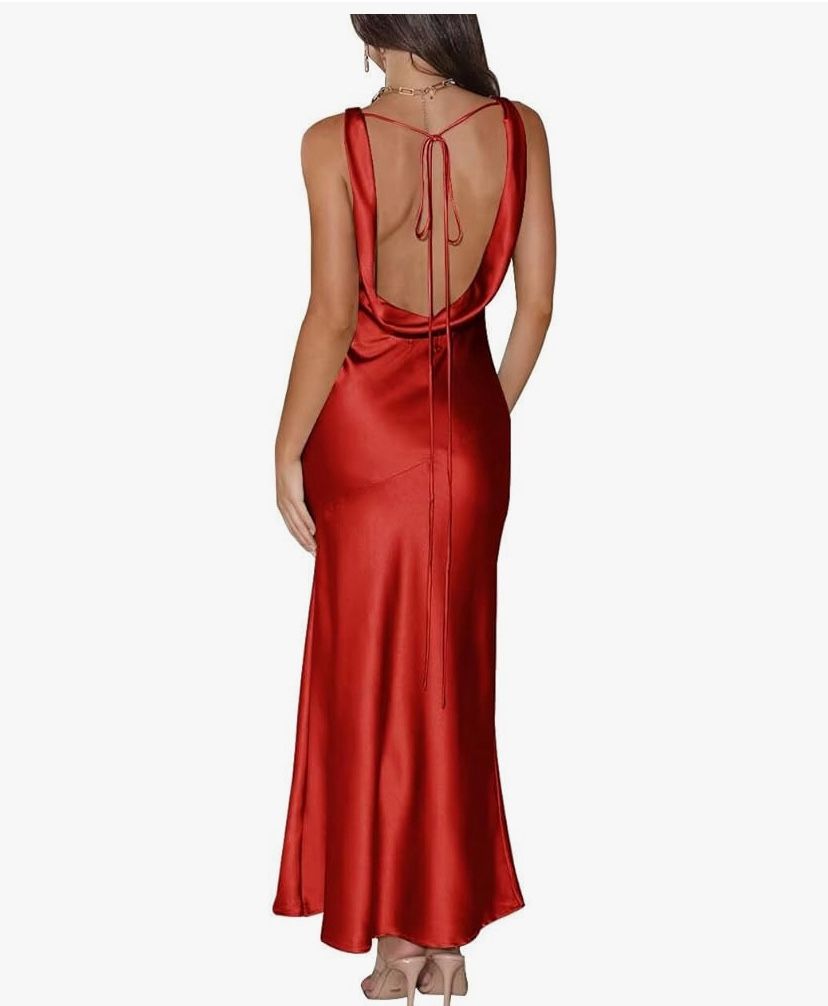 Satin V Neck Maxi Wedding Guest Dress Sleeveless Backless Tie Back Bridesmaid Dresses Formal Cocktail Party Gowns