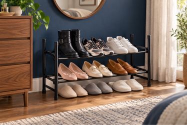Expandable 2-Tier Shoe Rack, Adjustable Metal Shoe Organizer for Entryway