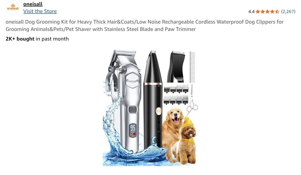 oneisall Dog Grooming Kit for Heavy Thick Hair&Coats/Low Noise Rechargeable Cordless Waterproof Dog Clippers for Grooming Animals&Pets/Pet Shaver with