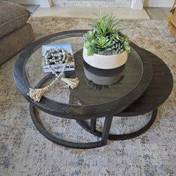 Leo Brown 40" Wide Round Glass Top & Wood Base Nesting Coffee Table | Set Of 2 | Pine