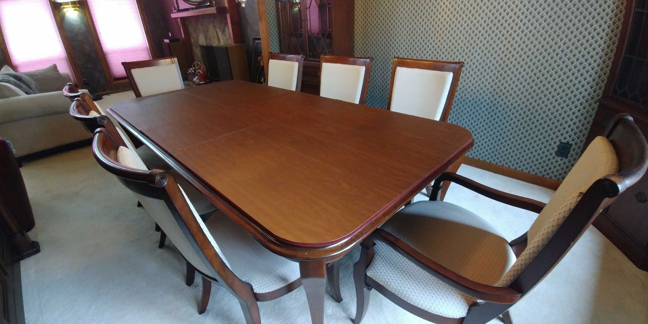 Bassett- Louis Philippe dining room table and chairs, plus lit hutch and buffet