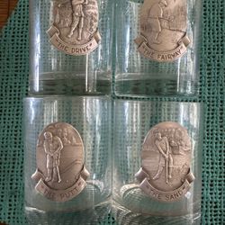 1980s GOLF MOTIFF FORT PEWTER MEDALLION SET OF 4 TUMBLERS - COCKTAIL GLASSES