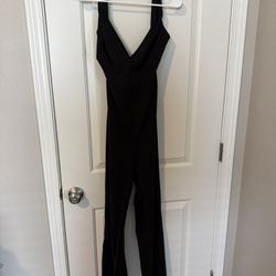 Black Full-Length Romper (Deep V + Crisscross Back)