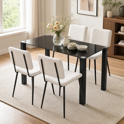 Homy Casa PIRLO+POMONA 5PC Dining Set 47.2” Glass Table with 4 Pomona Beige Fabric Chairs – Kitchen & Dining Furniture Set Open Box