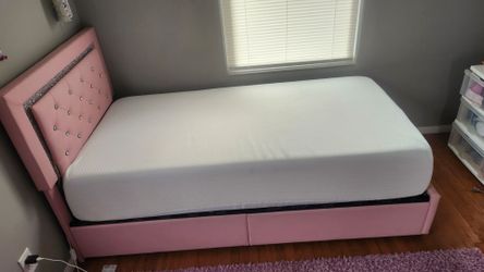 Pink Upholstered Bed Frame with Storage Drawers