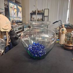 9.5" Hand Blown Mexican Bubble Vase With Cobalt Blue Marbles - Excellent Condition