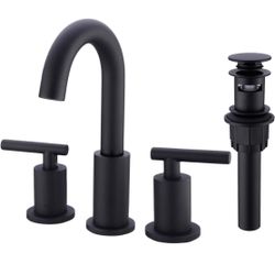 TRUSTMI 2-Handle 8 inch Widespread Bathroom Sink Faucet with Pop Up Drain and cUPC Faucet Supply Hoses, Matte Black Basin Faucet Mixer Taps