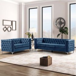  2 Pieces of loveseat and Sofa Set With Solid Wood/Gold Metal Legs, Heavy Duty Furniture Set For Home Apartment Living Room,Misty Blue
