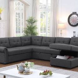 Extended 114" Pull Out Sleeper Sofa Bed Sectional Couch With Storage Chaise