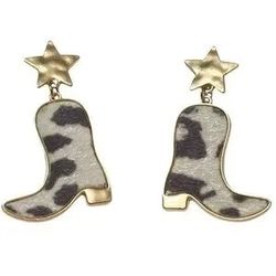 Piper K Cowboy Boots Dangle Earrings Star faux fur Cow Print Gold black cream