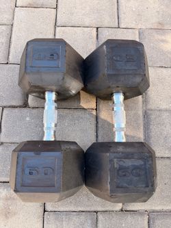 Pair of 60 pound rubber coated HEX dumbbells