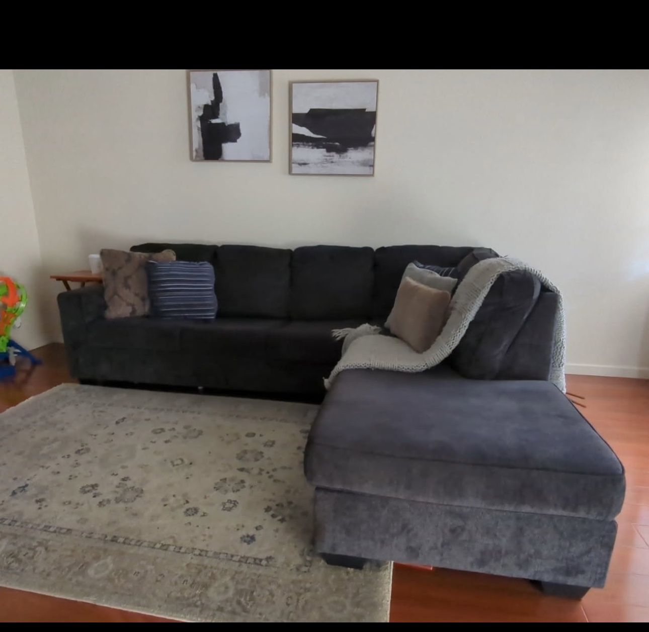 600 OBO )Ashely L Shaped Sofa. With Fire Place Tv Stand And Kitchen Table With Chairs Used .