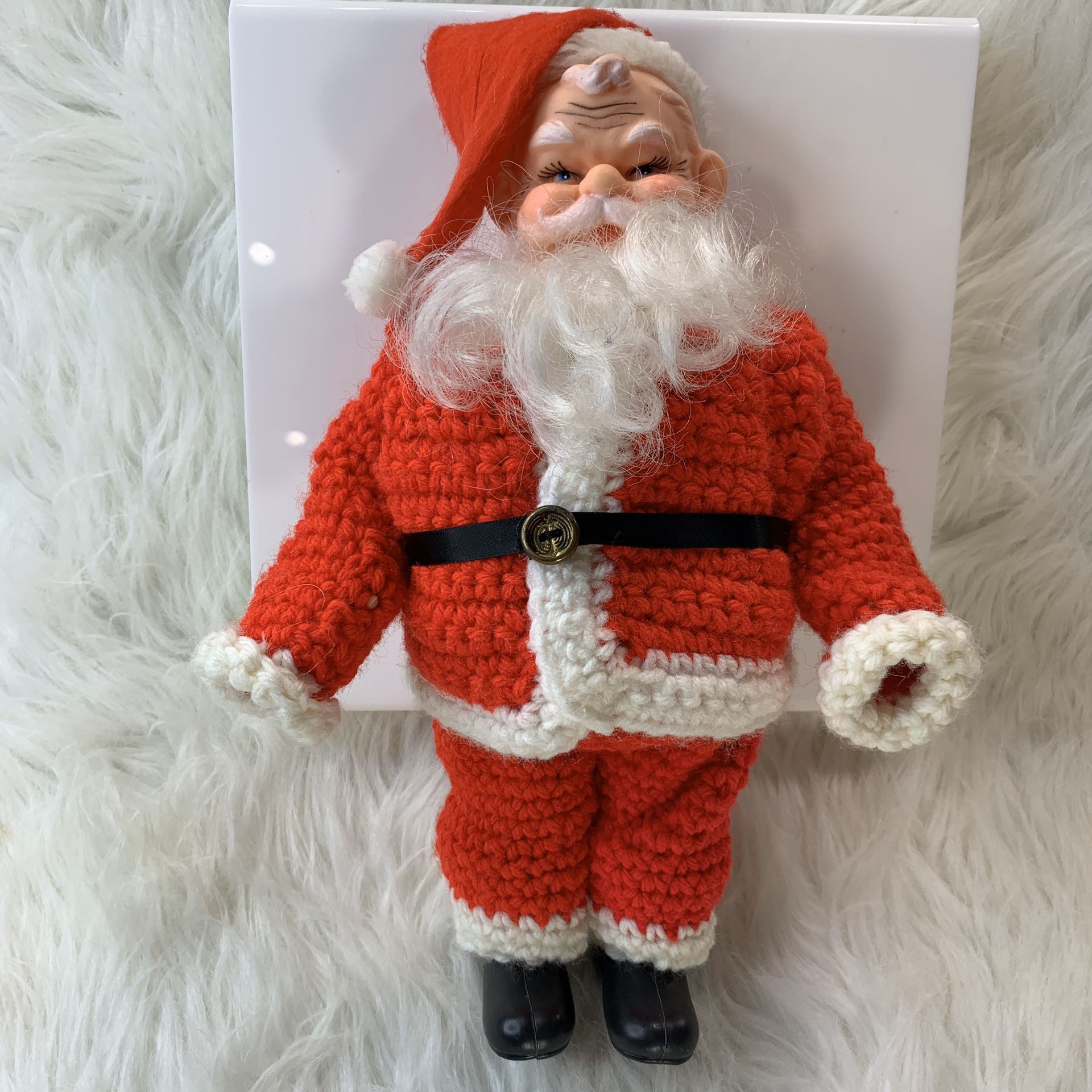 Plastic Santa Clause w/ Handmade Crochet Suit & Felt Hat