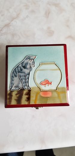 Cat box hand painted tile