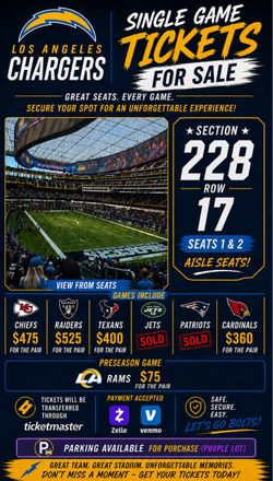 LA Chargers Single Game Ticket Pair Section 228