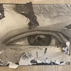 Ink drawing with collaged canvas background