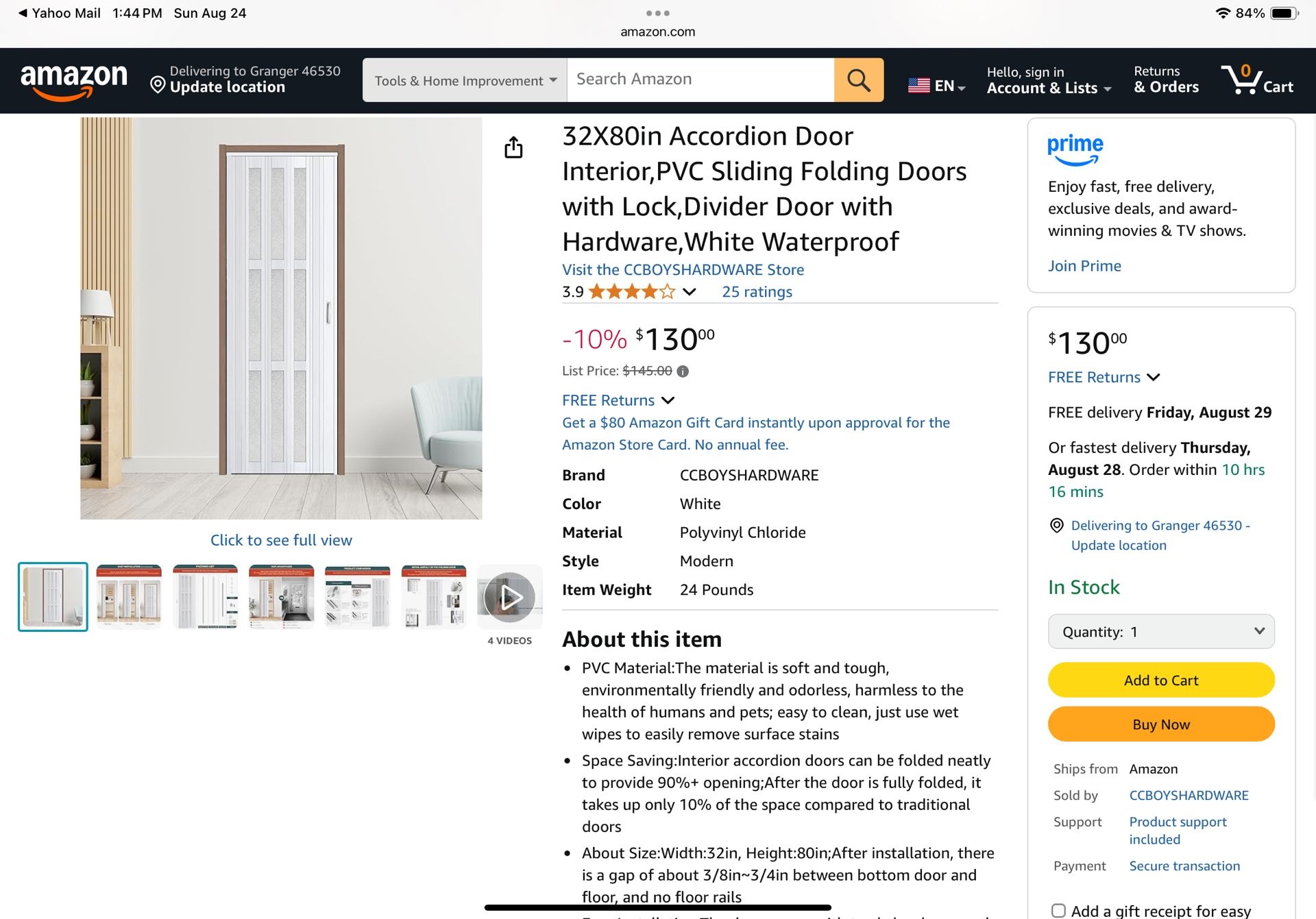32X80in Accordion Door Interior,PVC Sliding Folding Doors with Lock,Divider Door with Hardware,White Waterproof