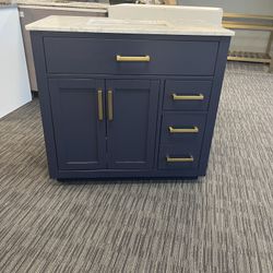 36” Bathroom Vanity In Blue With Marble Countertop 