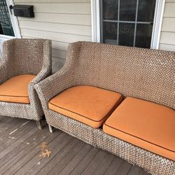 Outdoor Wicker Love Seat and Chair with Cushions