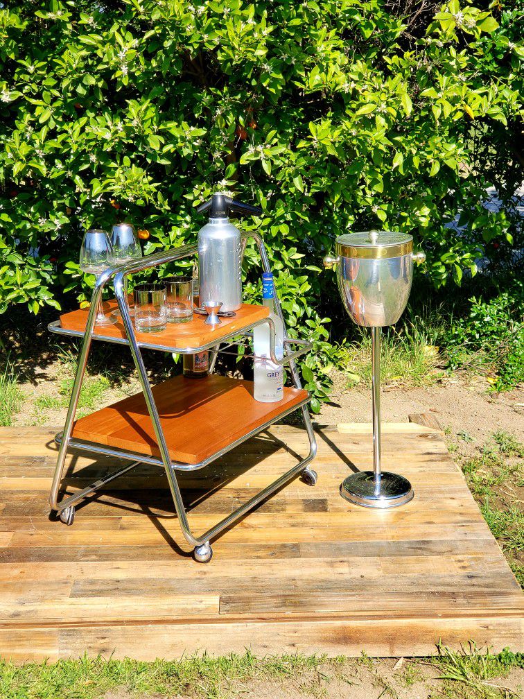 60's Bar cart Mid Century in chrome w/ solid cherry wood & bucket included *CLEAN