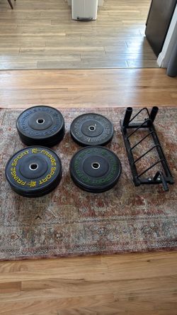 230 lb Fringe Sport Bumper Plate Set + Storage Rack