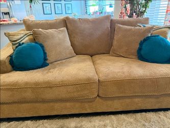 Oversized Tan Textured Fabric Sofa and Loveseat Set
