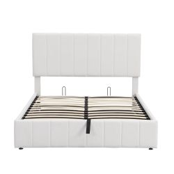 NEW WHITE Full Size Lift Up Storage Bed, Upholstered Platform with Wingback Headboard, Wood Slats Support, Easy Assembly, No Box Spring Needed