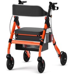 Foldable Rollator Walkers with Seat for Seniors, 450 lb Capacity, 8" Wheels, 18" Big Seat, 6-Position Adjustable Height, Heavy-Duty Aluminum Rolling W