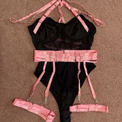 New large black  Strappy mesh festival rave gothic bodysuit lingerie Set 