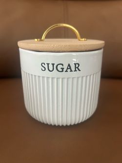White Ceramic sugar jar with wooden lid