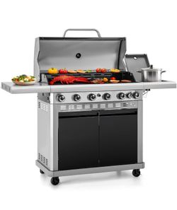 🔥Brand new🔥 6-Burner Propane Gas BBQ Grill with Side Burner & Porcelain-Enameled Cast Iron Grate and Plate for Outdoor Barbucue Events, 52,000 BTU O