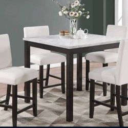 ✅️✅️5 pc dark finish wood white faux marble top square counter height dining table set. This set includes the table and 4 - side chairs padded seats✅️