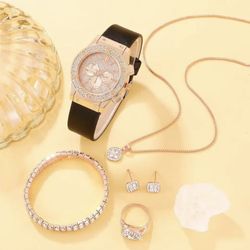 5pcs Set Rose Gold Luxury Rhinestone Watch Ring Necklace Earrings Bracelet Quartz Wristwatch With Gift Box