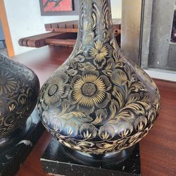 Carved Black And Gold Brass Lamps Set Of 2, Antique 